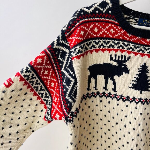 Polo Ralph Lauren Fair Isle Moose Tree Knit Sweater, White/red/blue, Size L P11 - Picture 5 of 9
